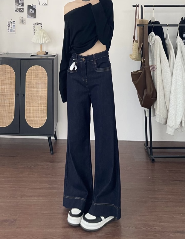 Dark blue denim large size micro-flared wide-leg pants jeans for women loose slimming fat mm floor-length pants