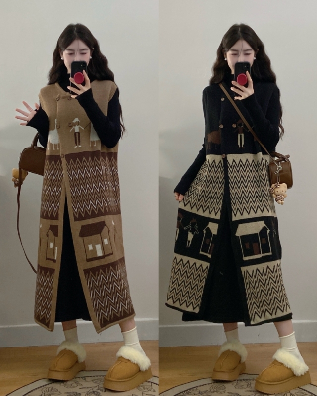2024 plus size women's retro loose artistic sweater vest dress + long-sleeved knitted bottoming skirt two-piece set