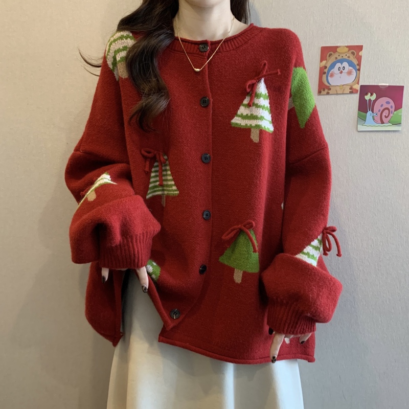 Large size red Christmas tree jacquard sweater jacket for women in winter loose lazy thickened knitted cardigan soft waxy top