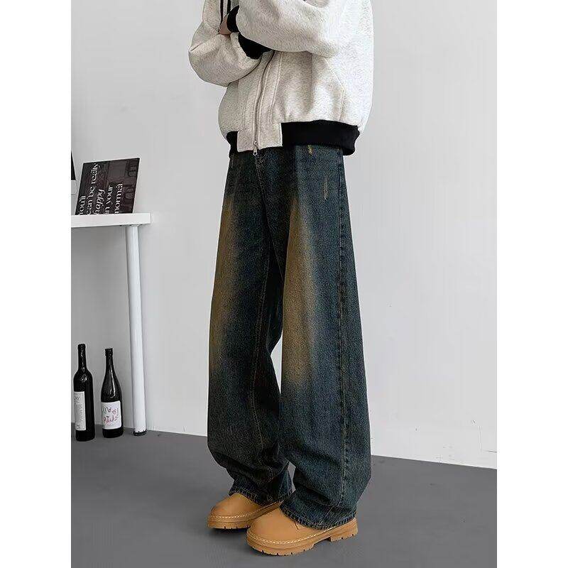 Retro color gradient blue jeans for men and women new slim high waist niche wide leg pants trendy