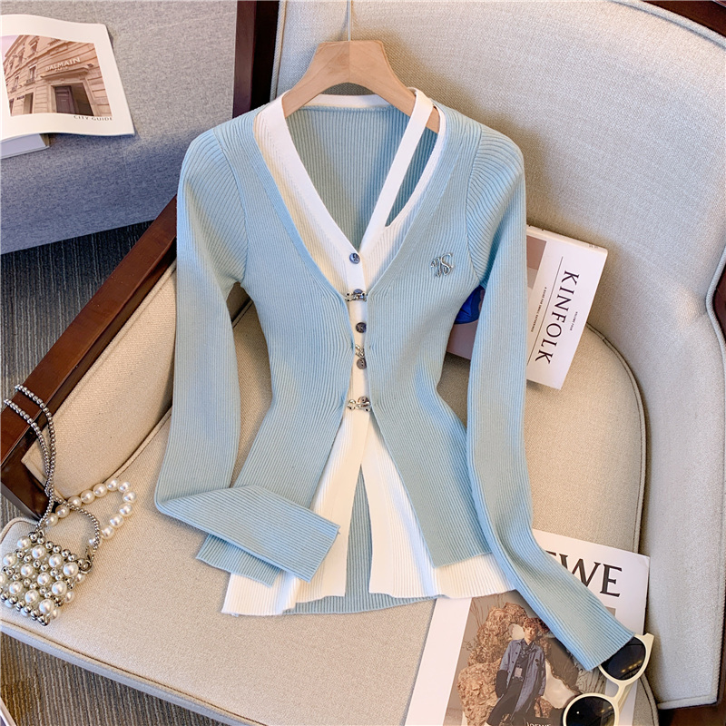 Fake two-piece irregular design long-sleeved knitted cardigan top for women winter hot girl sweater