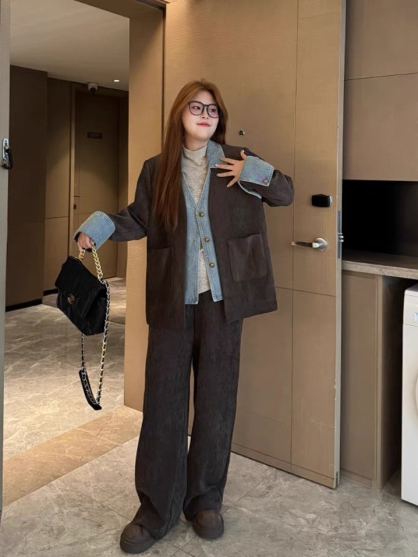 Yingying & Nandao style large size patchwork denim corduroy jacket suit