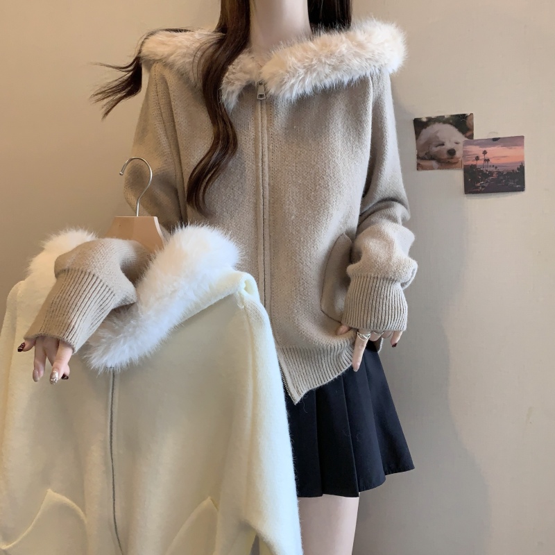 2024 new autumn and winter plus size women's long-sleeved fur collar hooded sweater cardigan fat mm pocket top for women