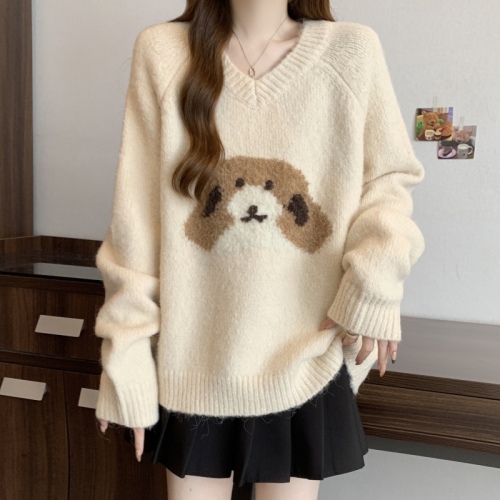 Large size puppy jacquard sweater women's autumn and winter lazy high-end V-neck slim sweater top