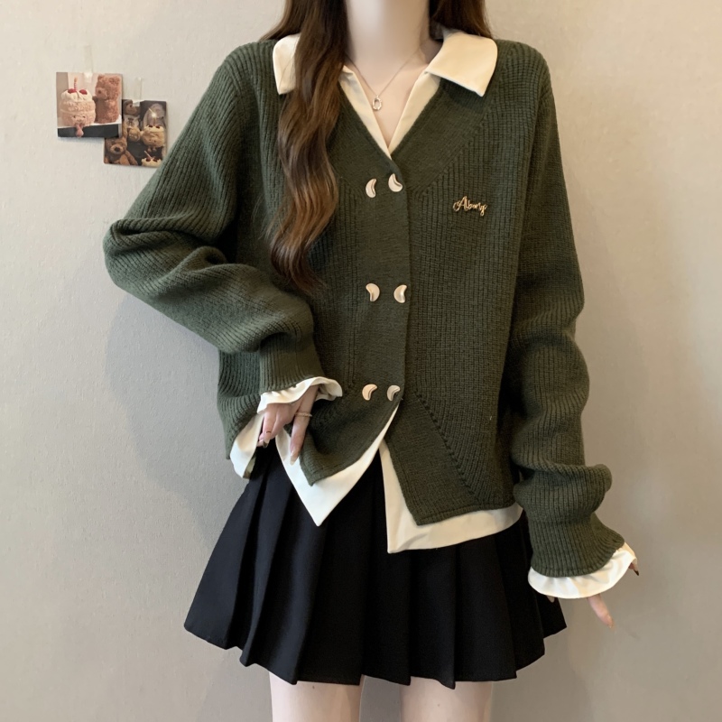 Large size autumn and winter new polo collar fake two-piece sweater fat mm loose embroidered cardigan sweater jacket