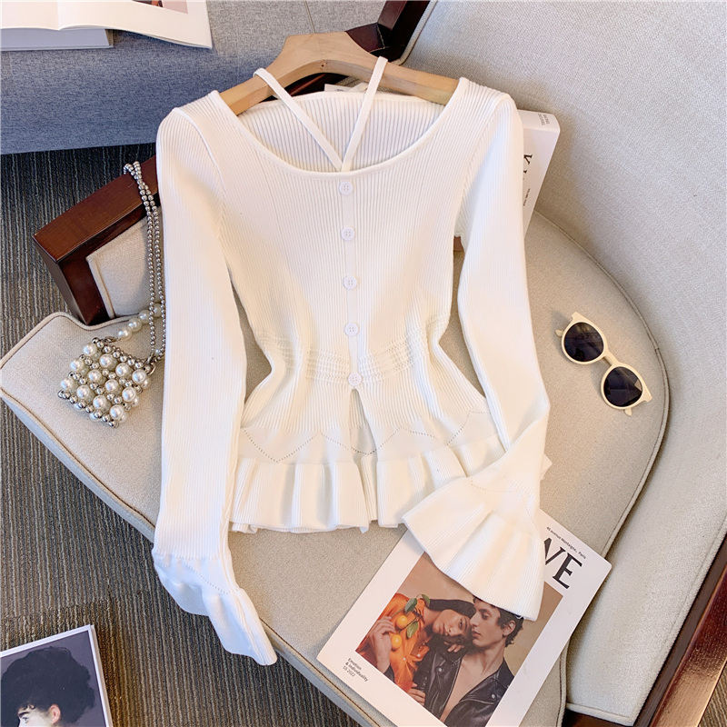Pure desire style halterneck long-sleeved sweater for women autumn new French niche design slim fit top