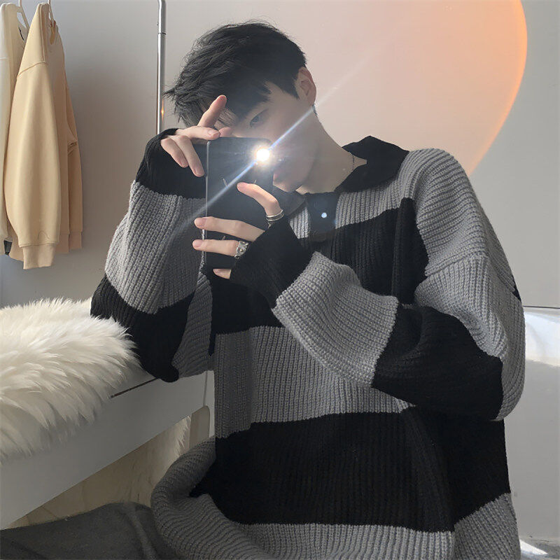 Autumn new Hong Kong style Japanese style retro pullover lapel sweater sweater