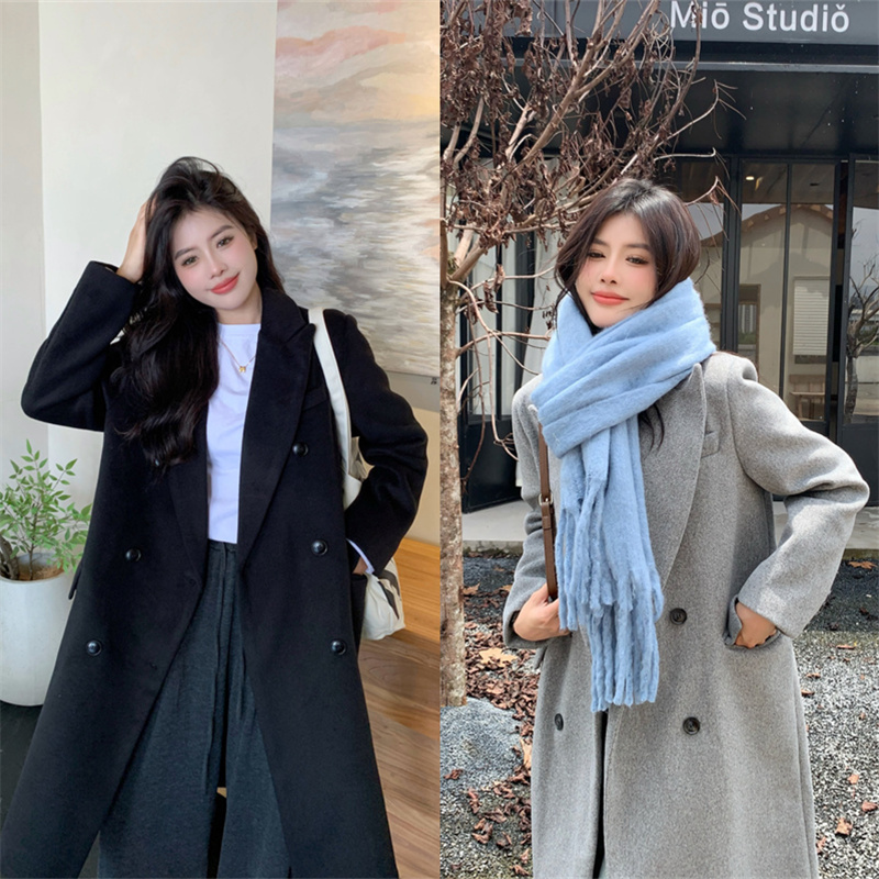 Fat mm woolen coat women's black double-breasted winter new mid-length loose Hepburn thick woolen coat