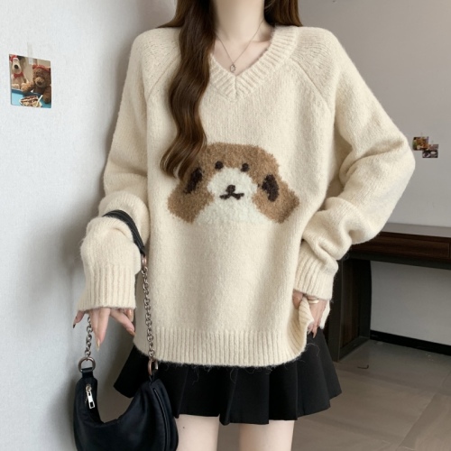 Large size puppy jacquard sweater women's autumn and winter lazy high-end V-neck slim sweater top