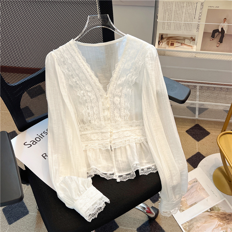 Fairy's lace shirt V-neck slimming pleated lantern sleeve chiffon pearl button top