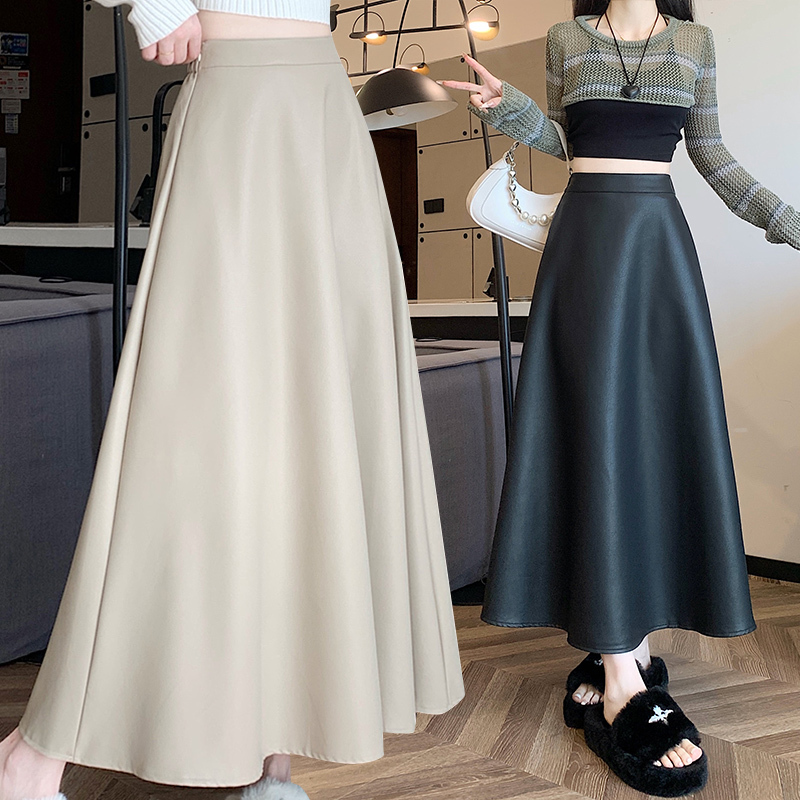 In stock 2024 autumn and winter new PU slimming and versatile simple leather skirt A-line long skirt with big swing skirt