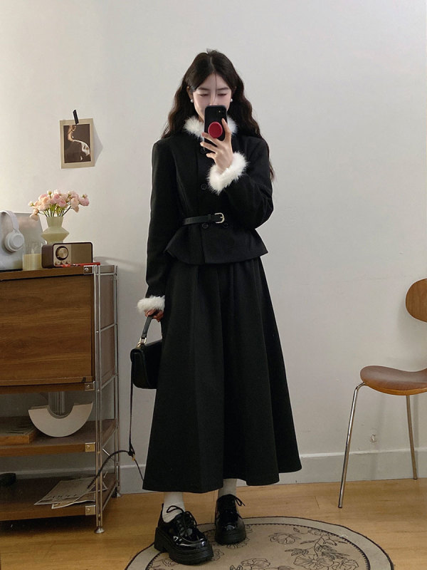 Plus size women's clothing, small fragrant style, rich-looking jacket, pleated skirt, fat girl, hidden flesh and slimming two-piece set