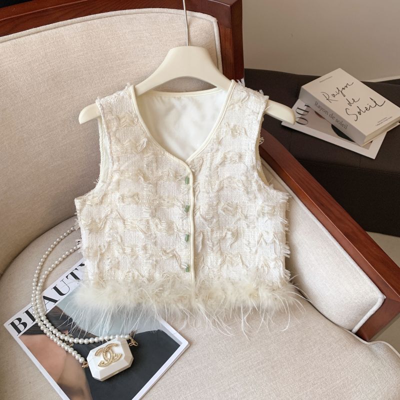 White ostrich feather small fragrant style waistcoat vest for female celebrities and wealthy daughter's high-end vest