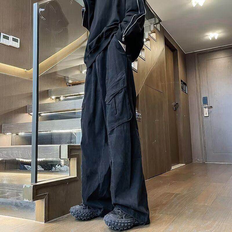 American-style large side pockets, loose pleated wide-leg overalls for men, deconstructed design pants