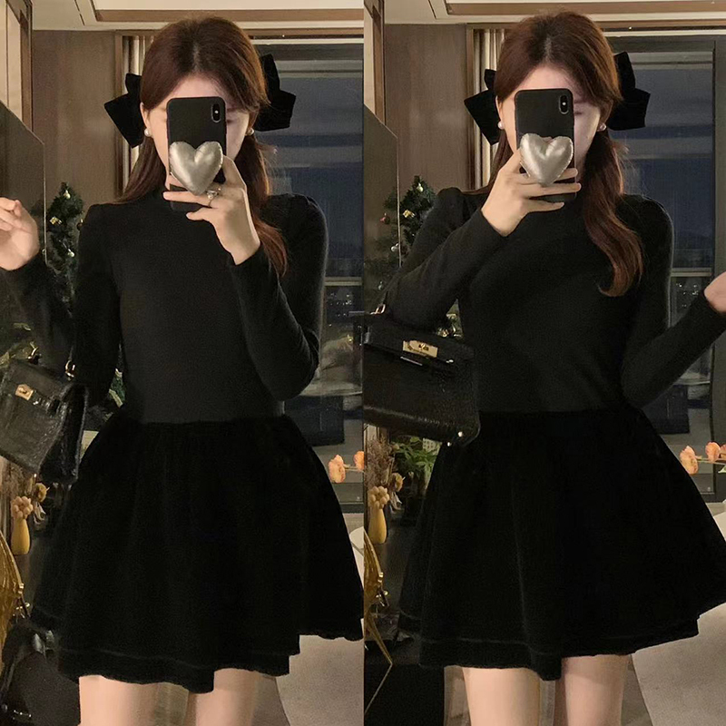 2024 Fat Sister Daughter Little Black Dress Princess Dress Women's High-End Slim Knitted Puff Dress