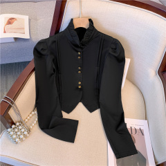 Palace-style puff-sleeved satin shirt with a niche design for fall and winter, French top with earrings as a base layer