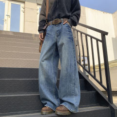 American rivet washed lightning straight jeans for men and women with distressed design, loose and versatile