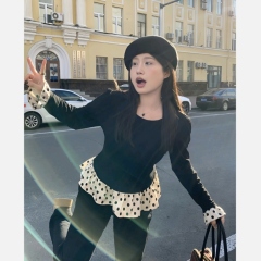 Large size autumn and winter versatile design slim polka dot knitted T-shirt top