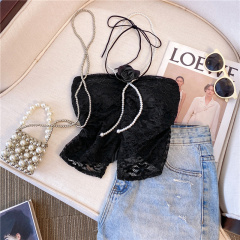 Autumn and winter flocked lace slit pure desire pearl chain camellia accessories tube top