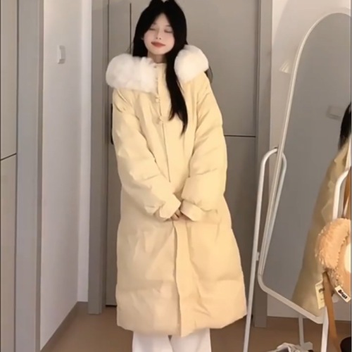 2024 new autumn and winter Korean style fashionable and chic hooded design mid-length large fur collar cotton jacket for women
