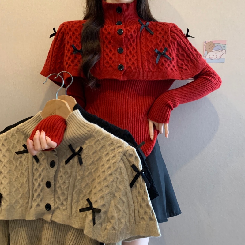 Sweet hot girl suit red long-sleeved sweater winter sweater cloak shawl Christmas style two-piece set