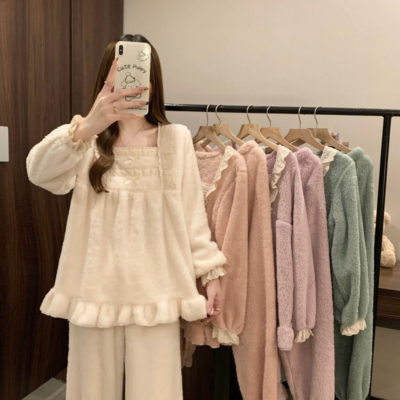 Large size lazy style bow coral velvet home wear tops and pants two-piece pajama set
