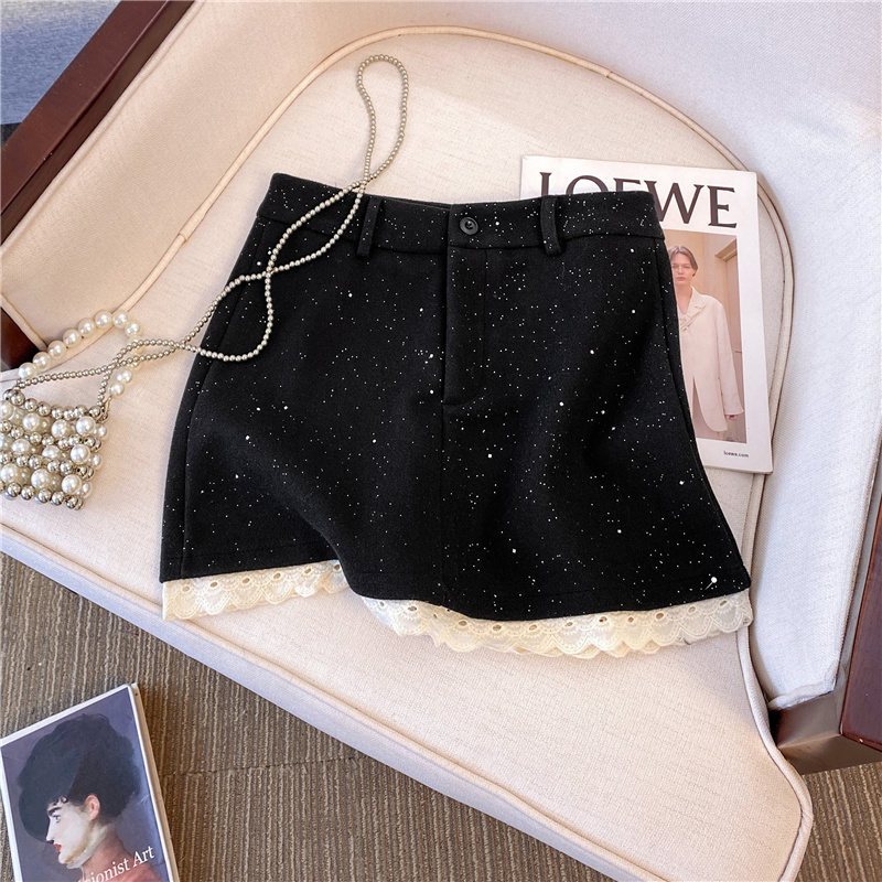 Xiaoxiangfeng fine glitter woolen skirt for women autumn and winter hem lace stitching A-line skirt high waist one-step short skirt