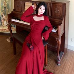 Spot new Chinese style irregular design red toast dress long skirt autumn and winter new large size dress