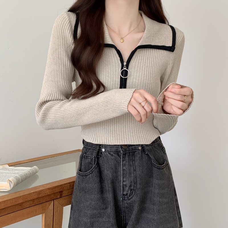 Large size zipper lapel sweater women's autumn and winter long-sleeved inner layered slim-fitting high-end top knitted bottoming shirt