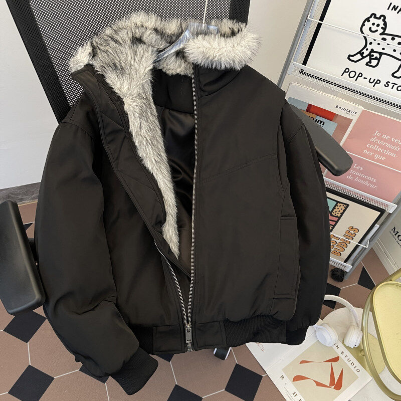 Winter fleece thickened pilot deconstructed shoulder padded stand collar fur collar cotton coat