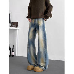 Retro wasteland style ripped jeans for men, trendy brand design, high-end pants for teenagers