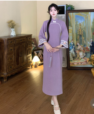 New Chinese style national style buckle improved cheongsam skirt autumn new style gentle taro purple slimming temperament long-sleeved dress