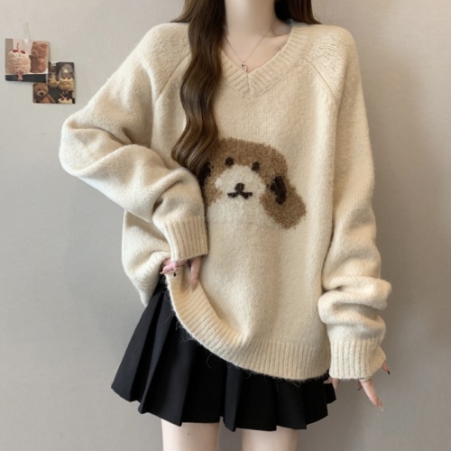 Large size puppy jacquard sweater women's autumn and winter lazy high-end V-neck slim sweater top