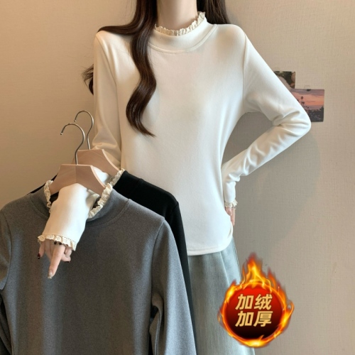 Spot large size German velvet lace double-sided fungus half turtleneck bottoming shirt for women autumn and winter plus velvet top 1832