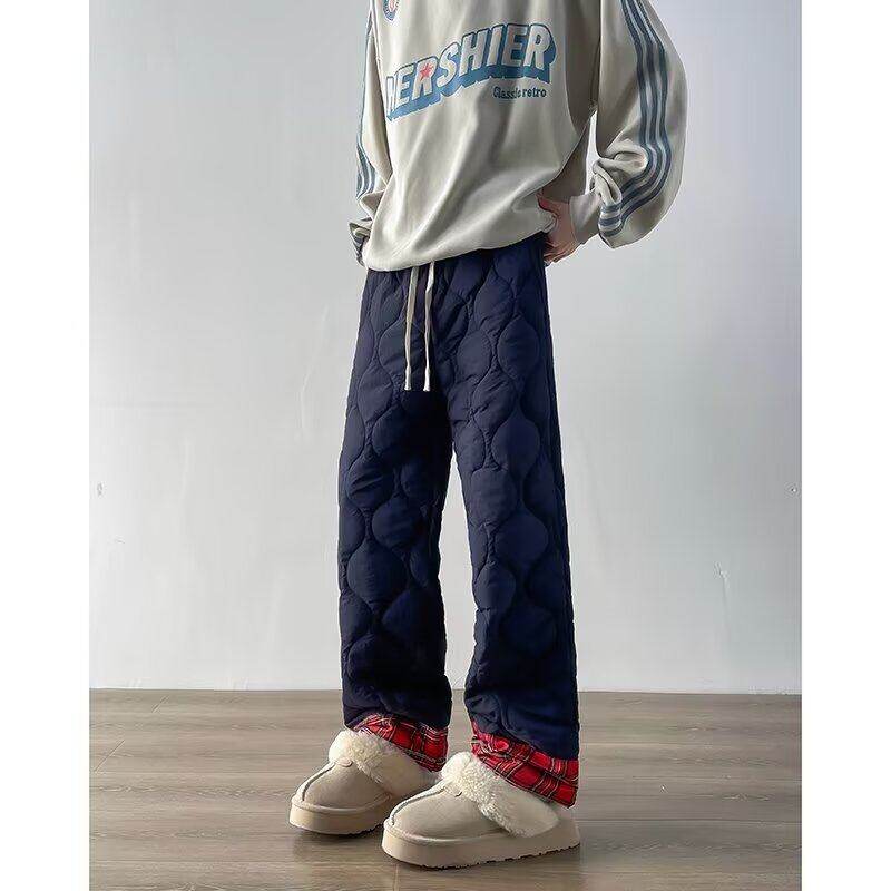 Winter gourd pattern warm cotton pants for men and women cuffed plaid casual pants high street cold-proof wide-leg pants
