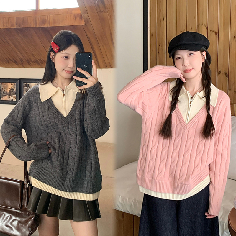 2024 new autumn and winter fat mm large size lazy lapel fake two-piece twist sweater Korean style loose sweater