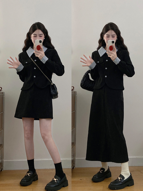 2024 autumn new style fat mm plus size feminine age-reducing splicing fake two-piece coat long and short skirt suit