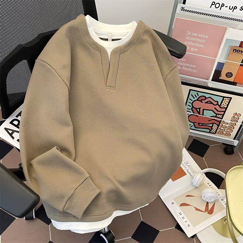 Winter new high-gram fake two-piece sweatshirt for men, versatile casual loose bottoming top