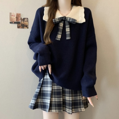 Plus size fat mm college style contrasting color versatile doll collar sweater women's autumn and winter loose knitted sweater top