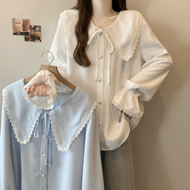 Plus size autumn new fat mm Korean style loose slimming age-reducing doll collar long-sleeved shirt tops for women