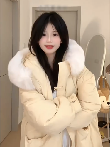 2024 new autumn and winter Korean style fashionable and chic hooded design mid-length large fur collar cotton jacket for women