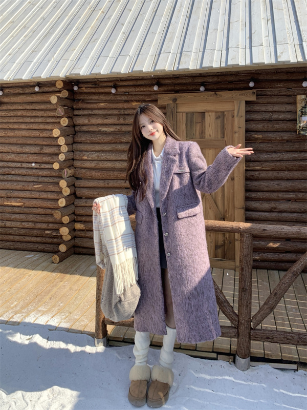 Plus size women's fat mm high-end purple retro woolen coat fashionable temperament versatile suit collar coat