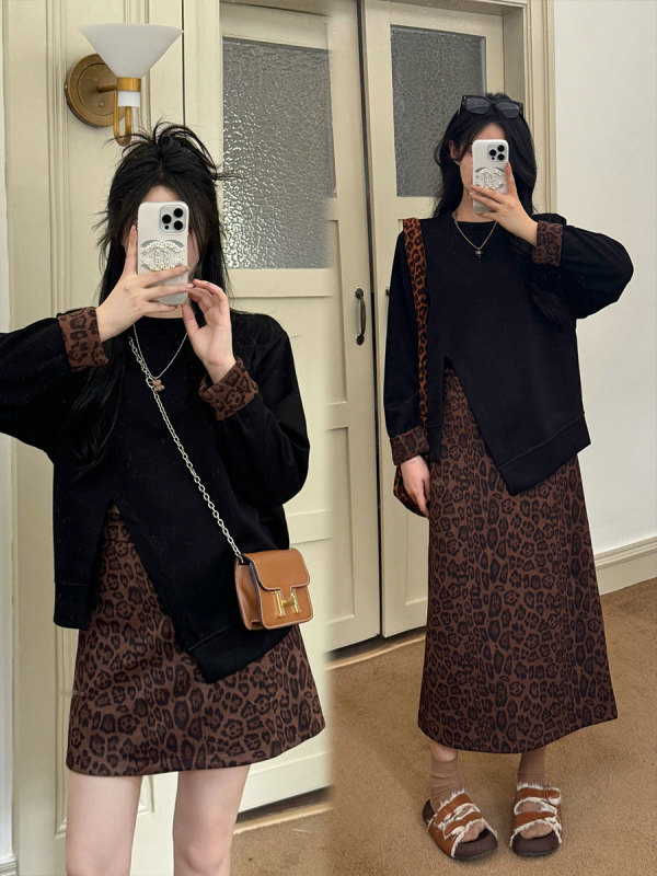 Plus size women's autumn fashion two-piece skirt for fat girls to hide their muscles and show slimming two-piece suit for women