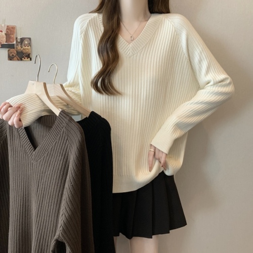 Korean style belly-covering thickened V-neck sweater sweater for women 2024 autumn and winter large size slightly fat mm loose top