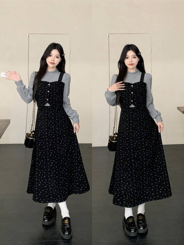 Large size half turtleneck thickened printed fake two-piece temperament dress new slimming slim and beautiful mini skirt