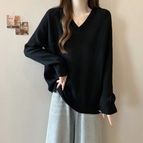 Korean style belly-covering thickened V-neck sweater sweater for women 2024 autumn and winter large size slightly fat mm loose top