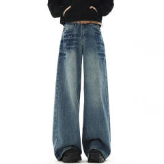 American style 2 retro rivet washed lightning straight jeans for men and women