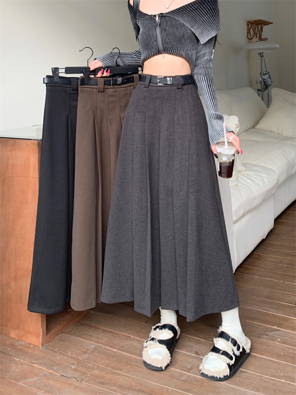 Maillard Woolen Pleated Skirt Women's Plus Size Fat mm High Waist Slim A Line Versatile Umbrella Skirt Mid-Length Skirt