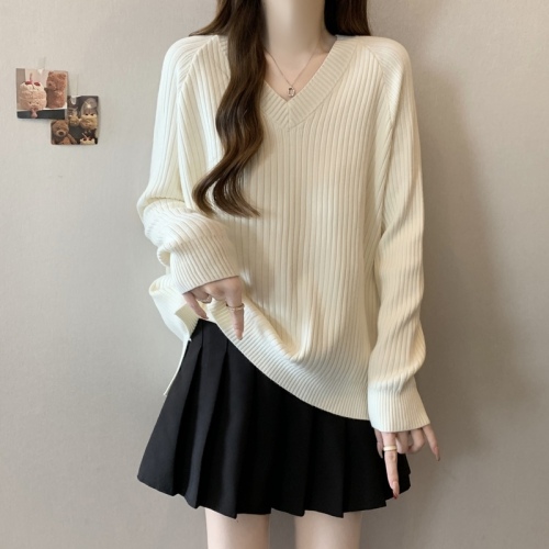 Korean style belly-covering thickened V-neck sweater sweater for women 2024 autumn and winter large size slightly fat mm loose top