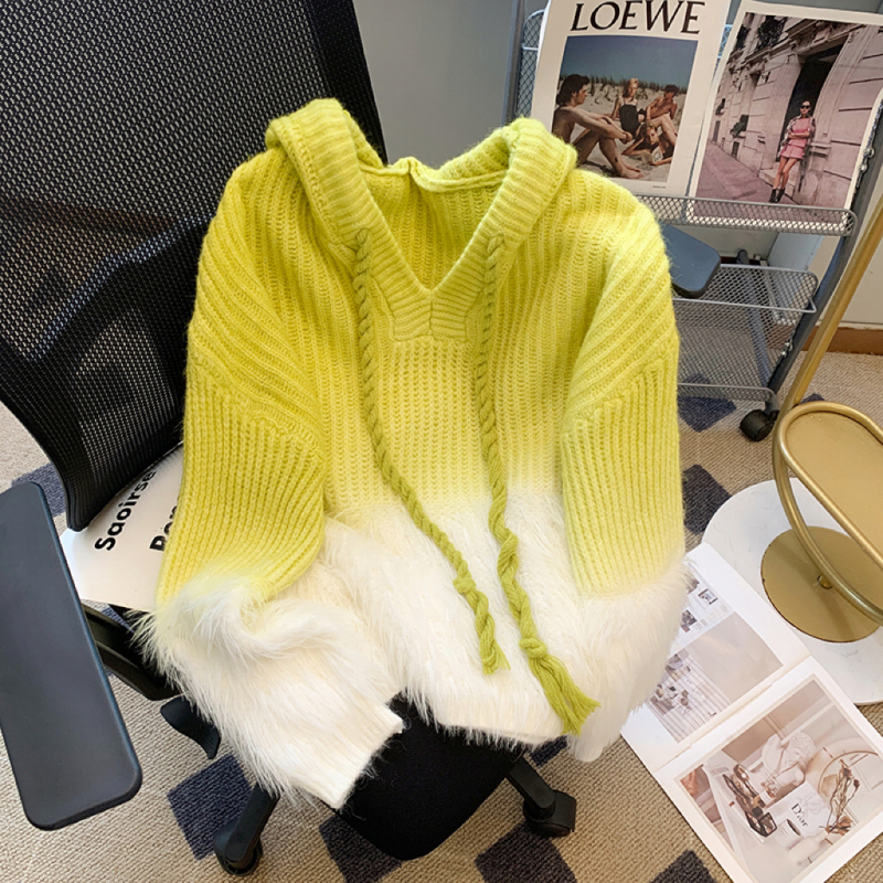Lazy style mohair sweater autumn and winter Korean style beautiful European thick line hooded sweater top